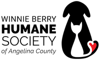 Logo for Winnie Berry Humane Society: black silhouette of a dog with a cat inside it, red heart. Text reads "Humane Society of Angelina County".