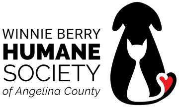 Logo for Winnie Berry Humane Society: black silhouette of a dog with a cat inside it, red heart. Text reads "Humane Society of Angelina County".