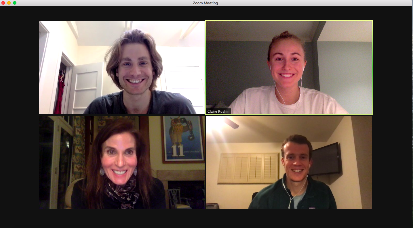 Four people in a video call; all smiling. Top left: man. Top right: woman. Bottom left: woman. Bottom right: man.