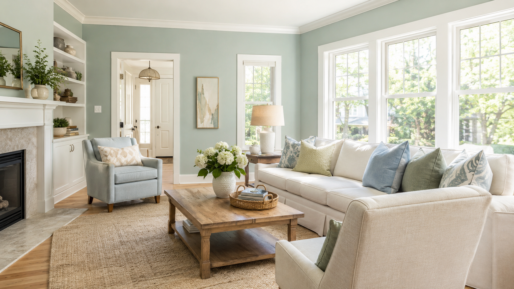 Cool sage green living room in Madison WI