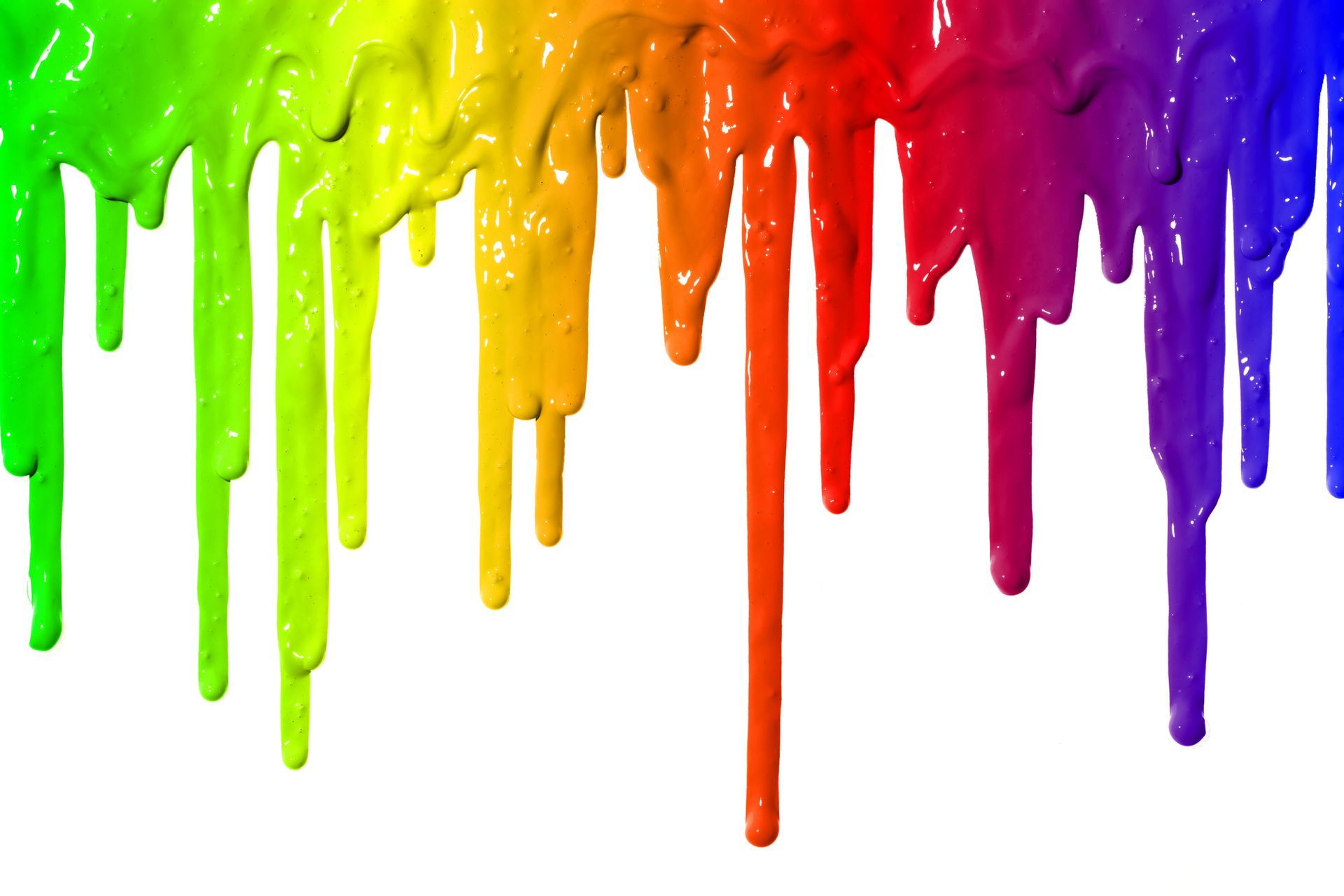 Rainbow-colored paint dripping down, blending from green to blue.