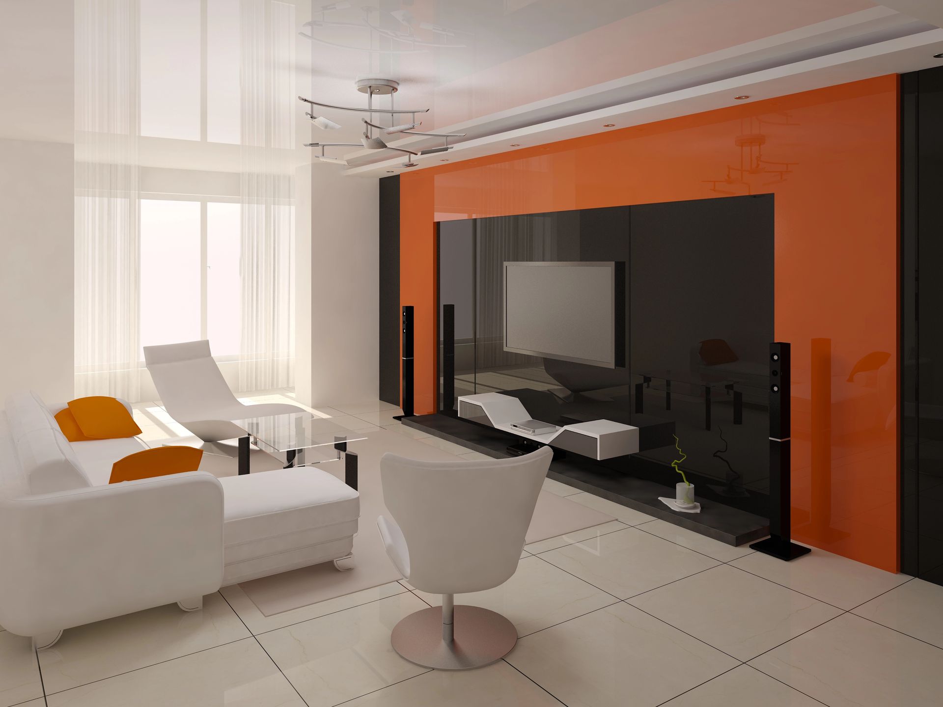 Modern living room with orange accent wall, black TV wall, white furniture, and large windows.