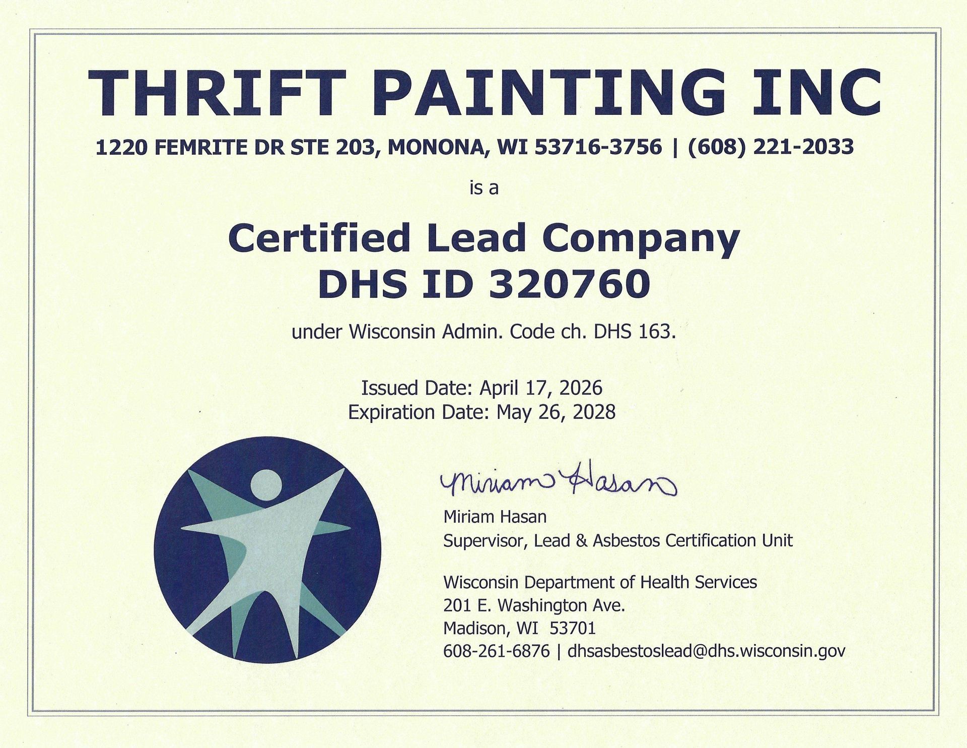 Certificate for Thrift Painting Inc., a certified lead company, DHS ID 320760. Issued April 5, 2024, expires May 25, 2025.