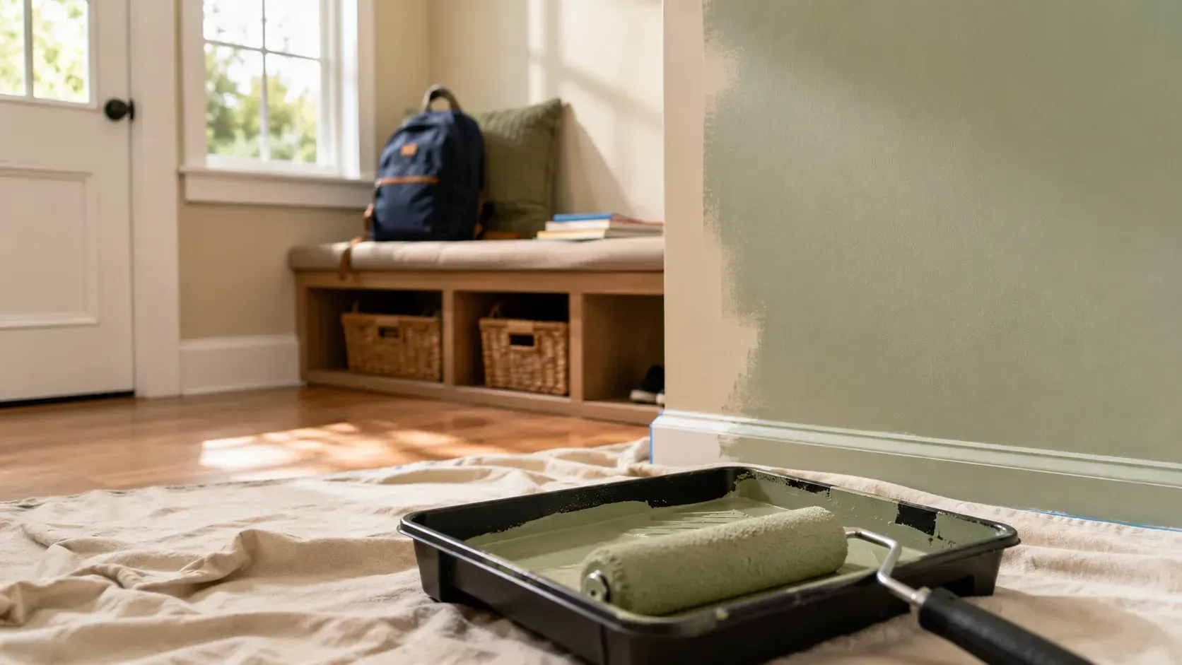 Freshly painted sage green entryway wall with a paint roller and tray, next to a bench with a backpa
