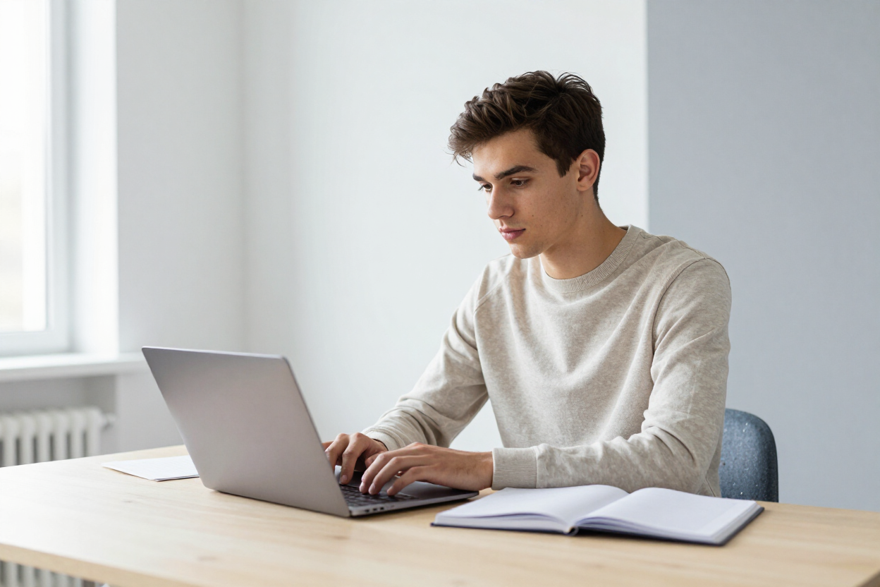 Student studying at desk with laptop and notebook