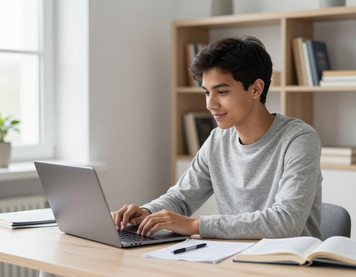 Student in an online study session with notes