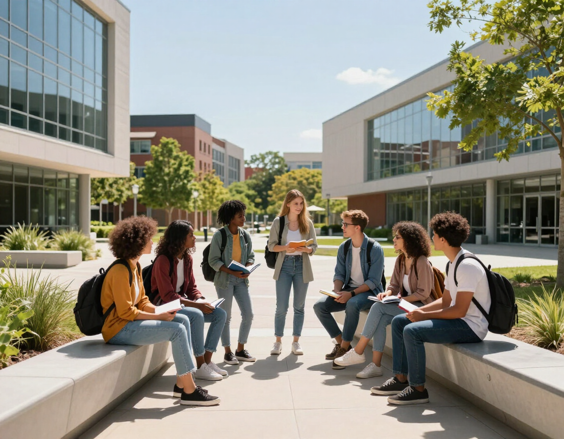 Diverse university students on a modern campus plaza