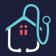 A house with a stethoscope around it on a blue background.