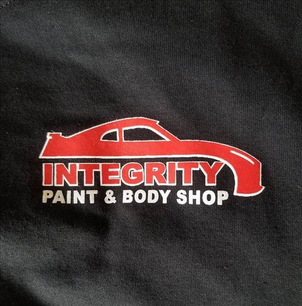 A logo for "Integrity Paint & Body Shop" featuring a stylized red car outline over bold white and red text on a black field.