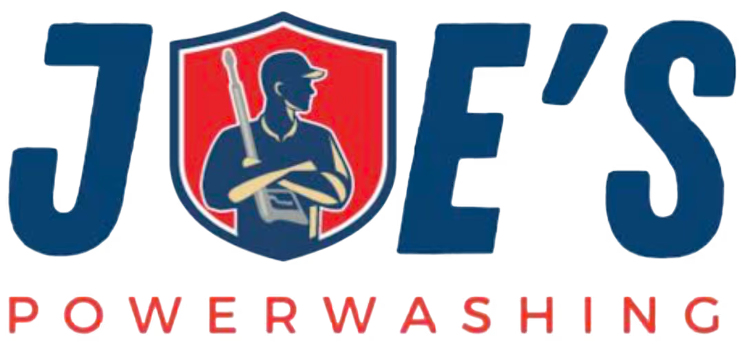 Joe’s Powerwashing logo with a stylized figure in a red shield between blue “J” and “E’s” text