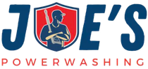 Joe&rsquo;s Powerwashing logo with a stylized figure in a red shield between blue &ldquo;J&rdquo; and &ldquo;E&rsquo;s&rdquo; text