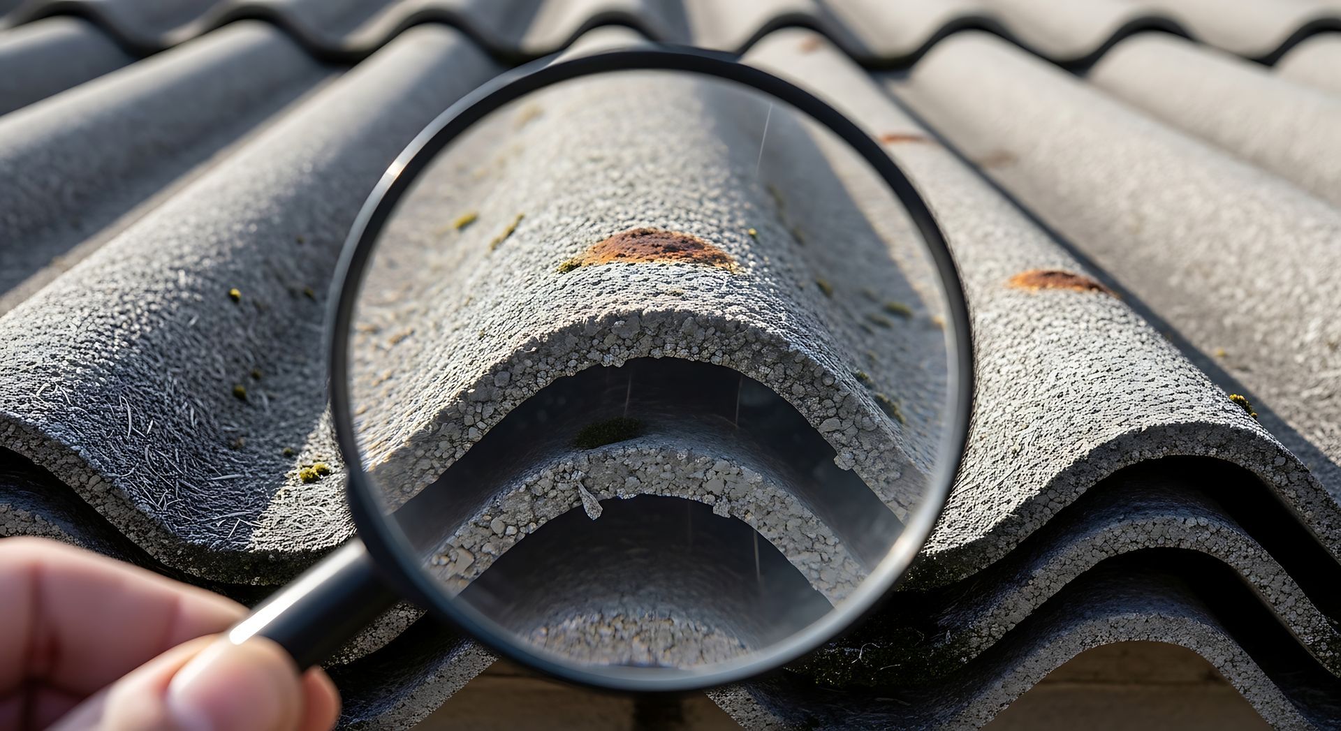 A magnifying glass over a roof tile to determine if it is asbestos roofing.