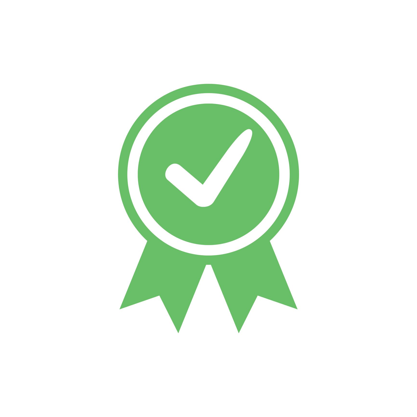 A green ribbon with a check mark inside of it.