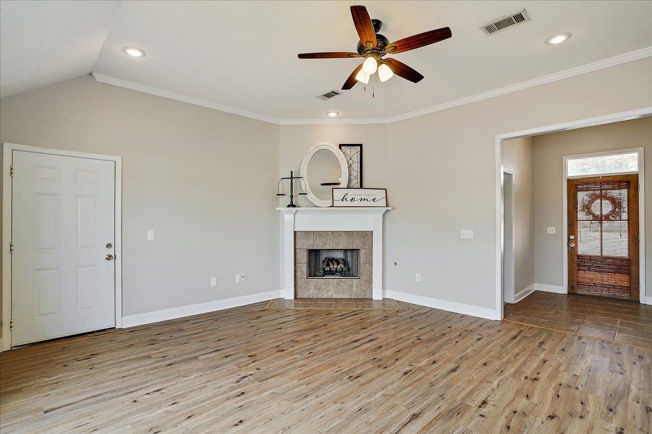 Living room with fire place and fan ceiling 02