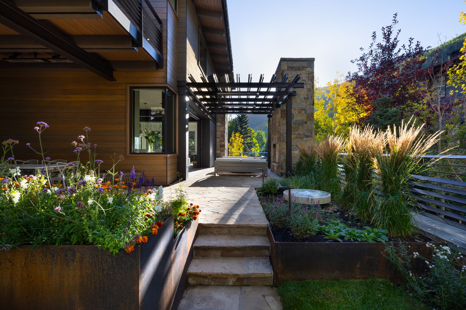 A living room with a fireplace and a couch