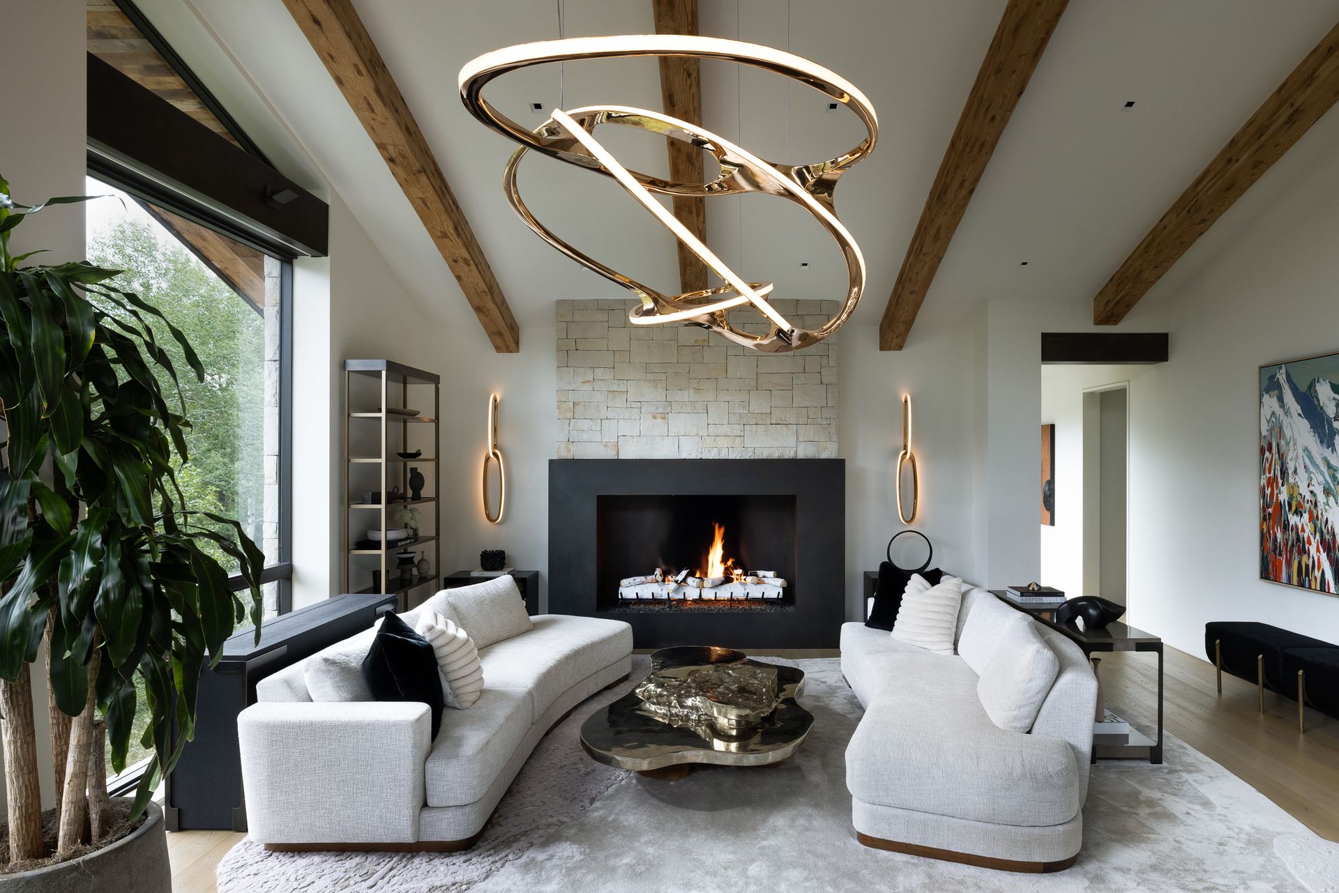 A living room with a fireplace and a couch