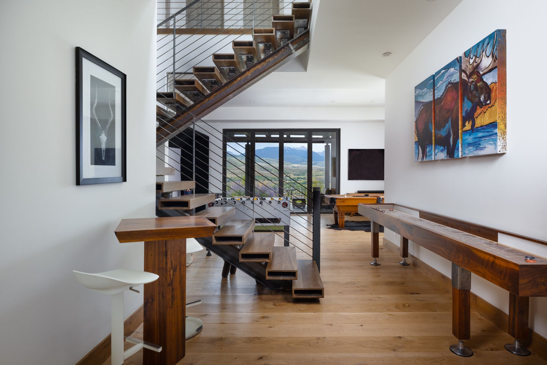 There is a staircase in the middle of the room.