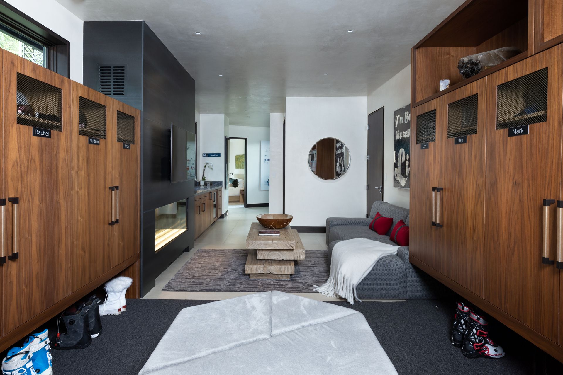 A living room with a couch and a coffee table