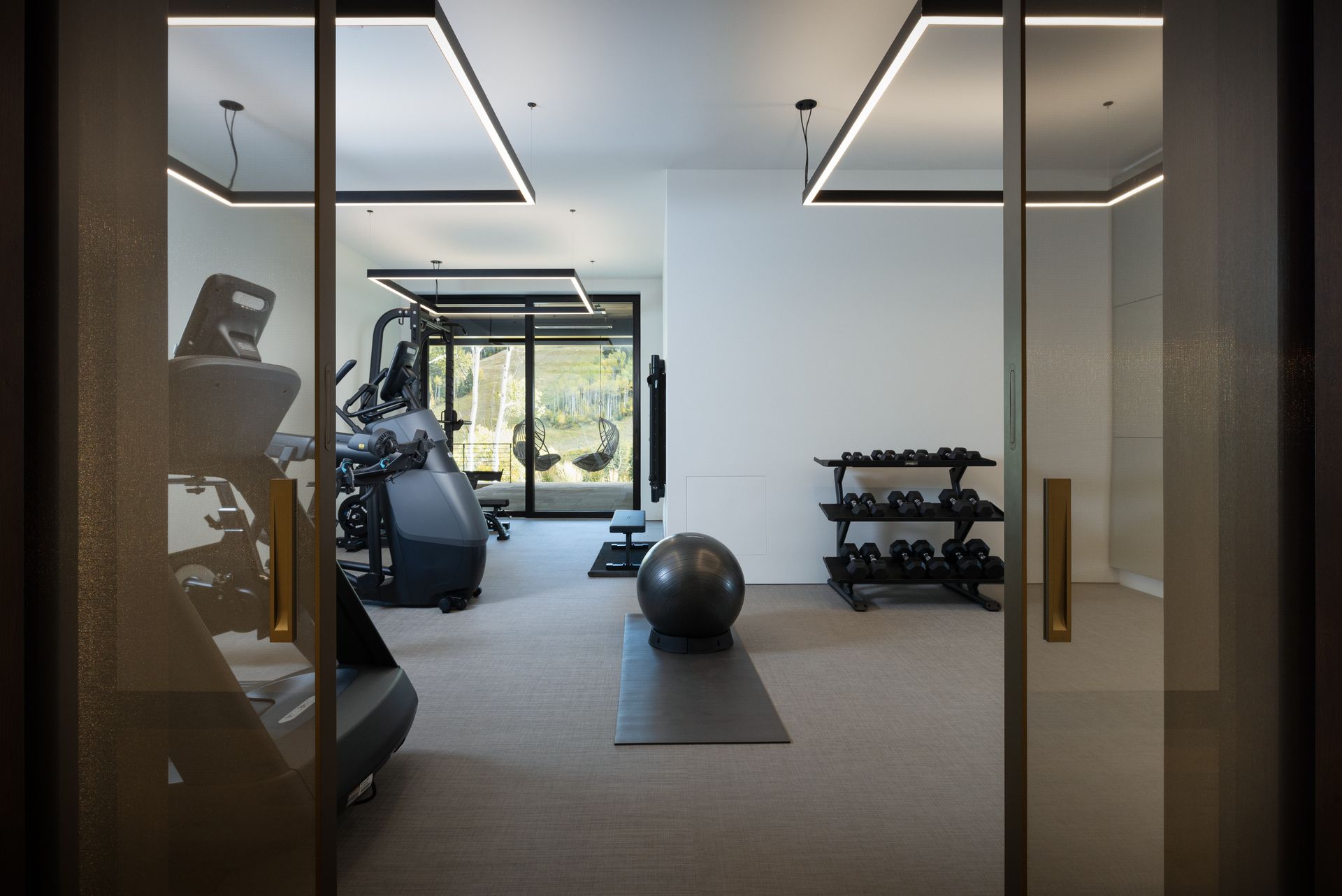 An artist 's impression of a gym with a treadmill and a pilates ball.