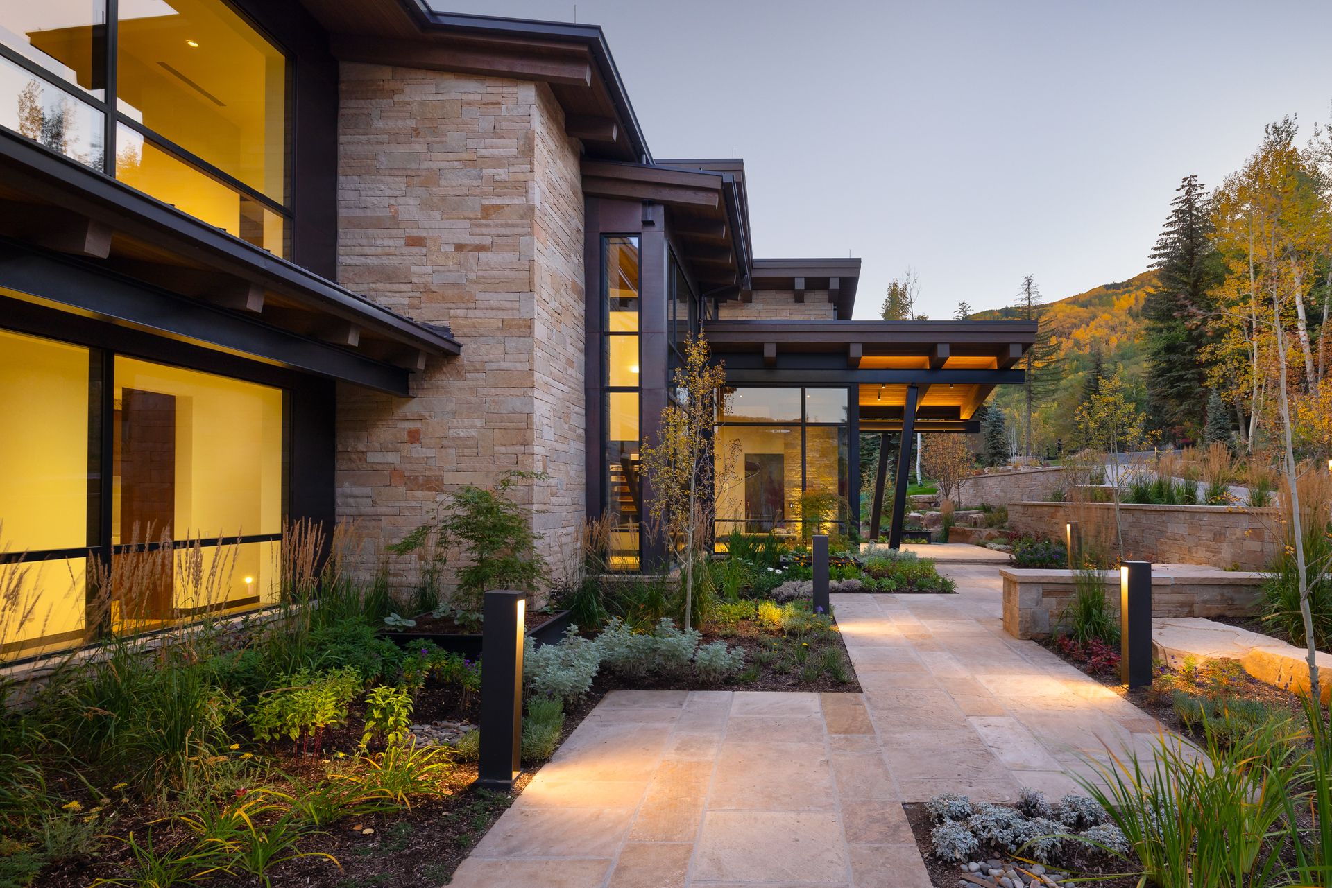 A large house with a walkway leading to it