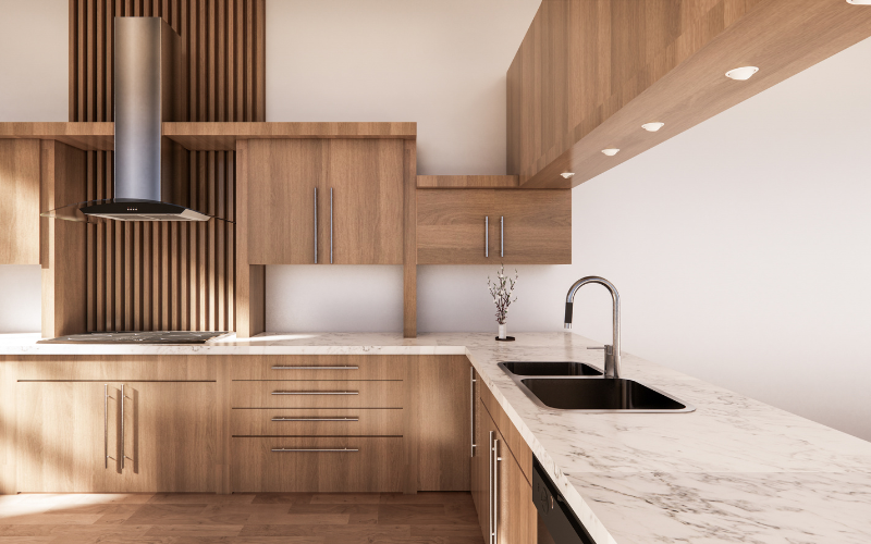 A kitchen with wooden cabinets , a sink , and a stove.