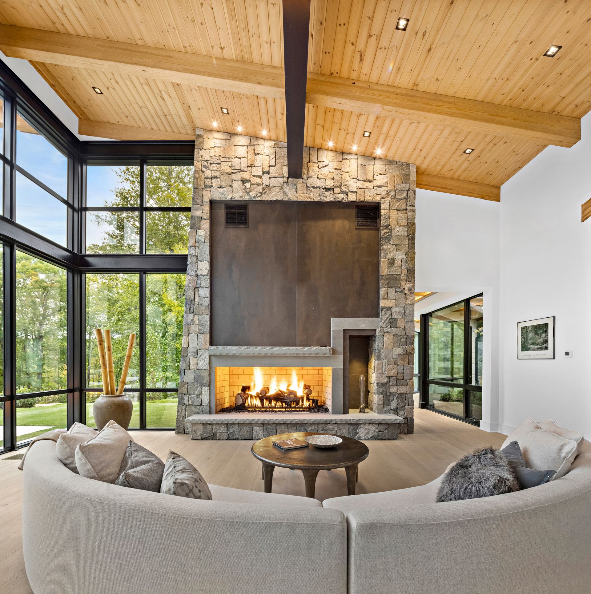 A living room with a fireplace and a couch