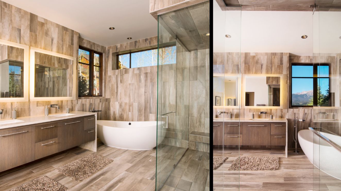 A bathroom with a tub , sinks , mirrors and a walk in shower.