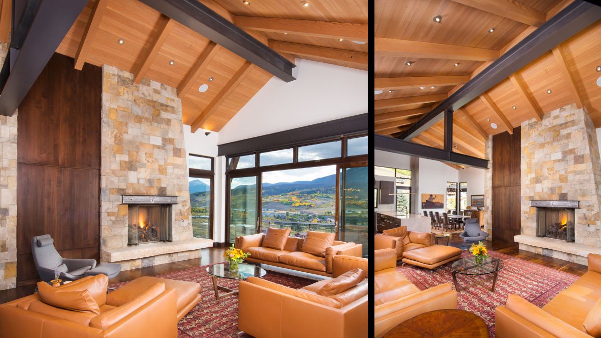 A living room with brown furniture and a fireplace
