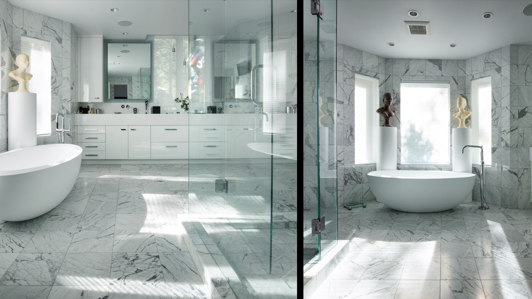 A bathroom with a bathtub and a walk in shower