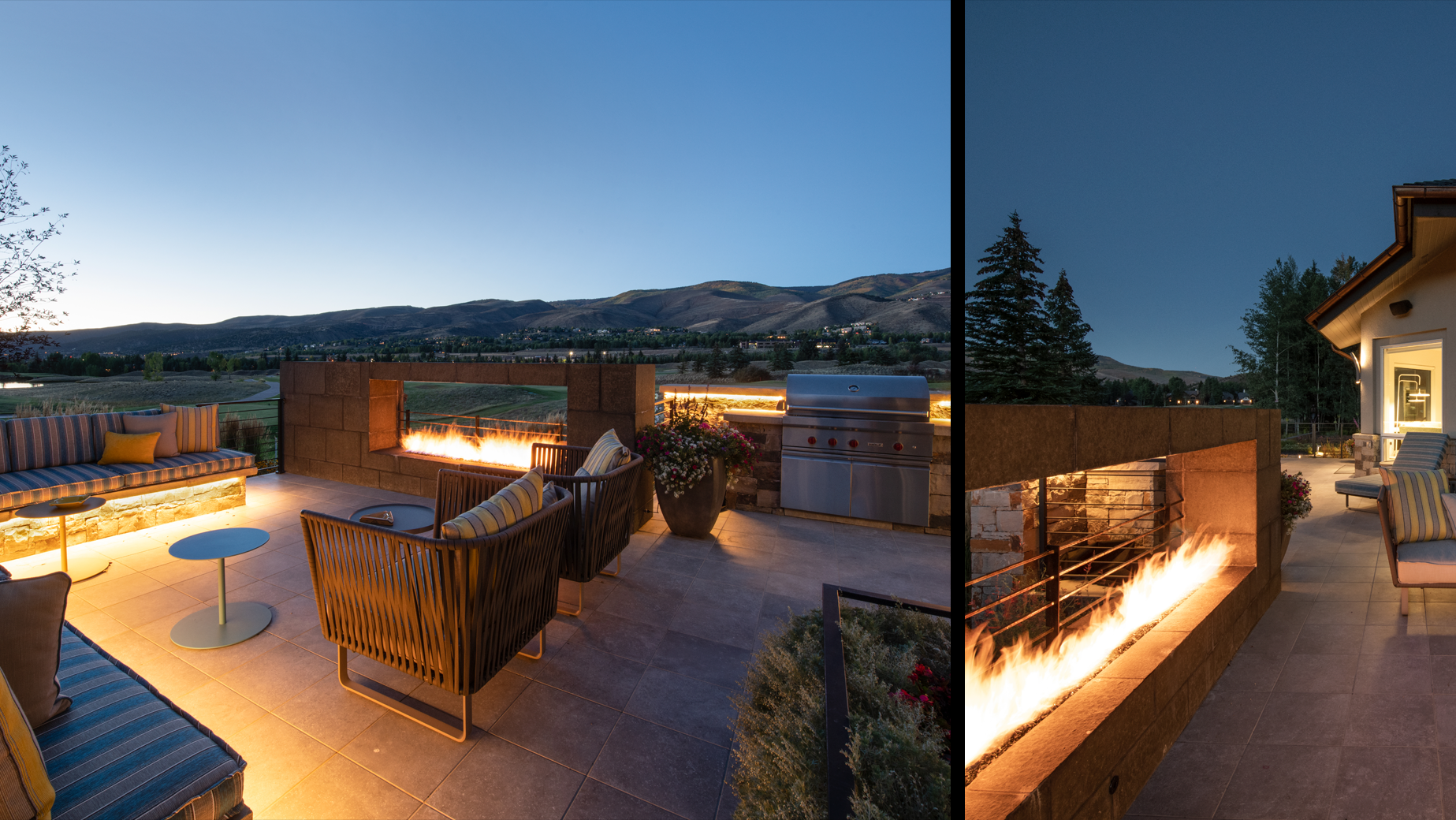 There is a fire pit in the middle of the patio.