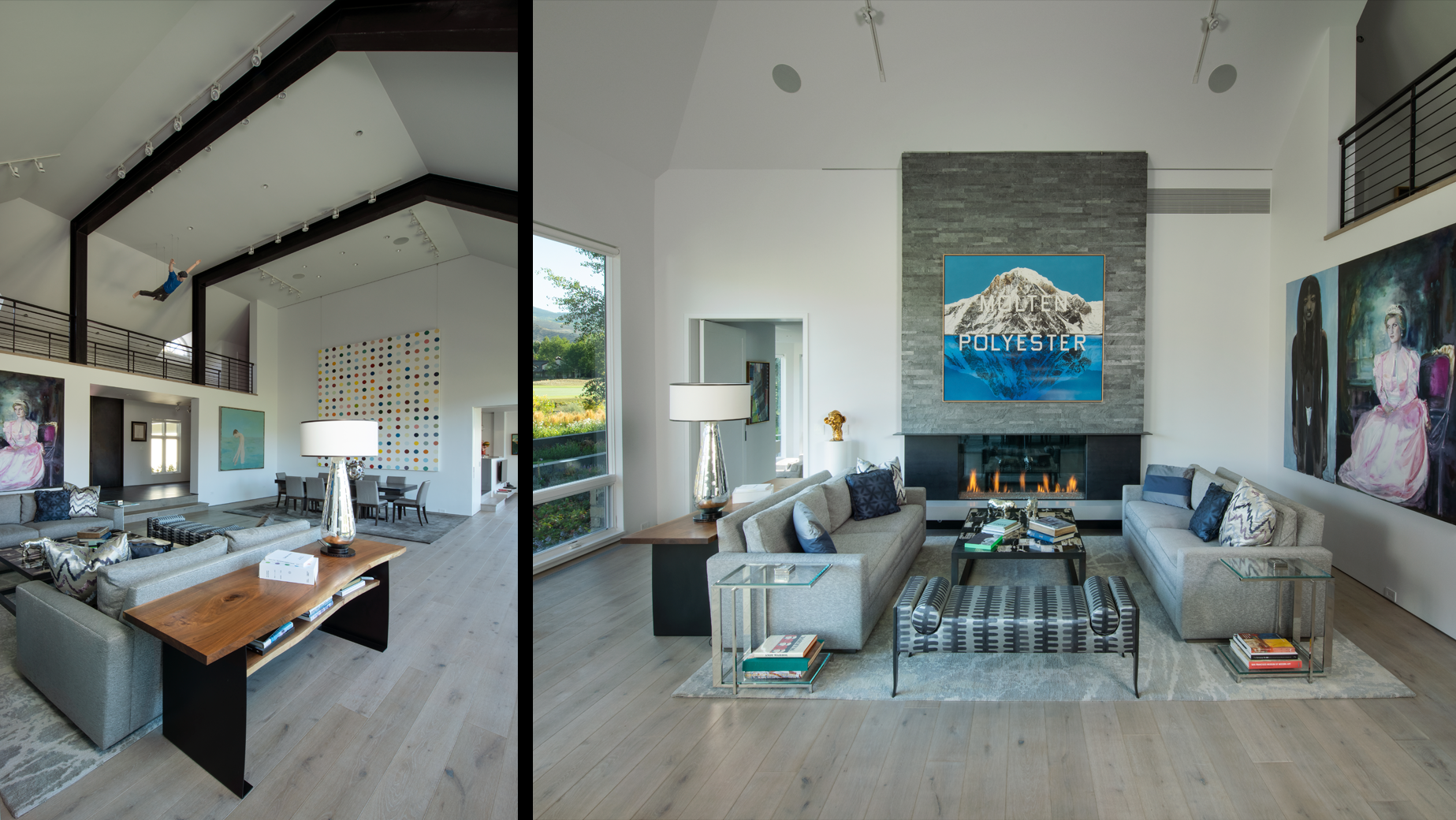 A living room with a lot of furniture and a fireplace.