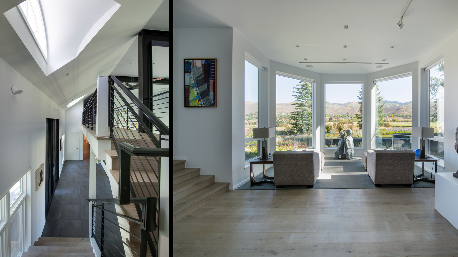 There are two pictures of a hallway and a living room in a house.