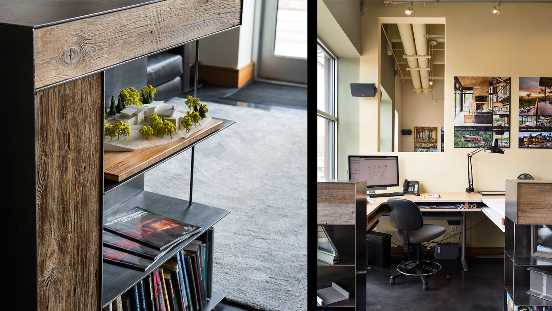 A picture of a bookshelf and a picture of an office