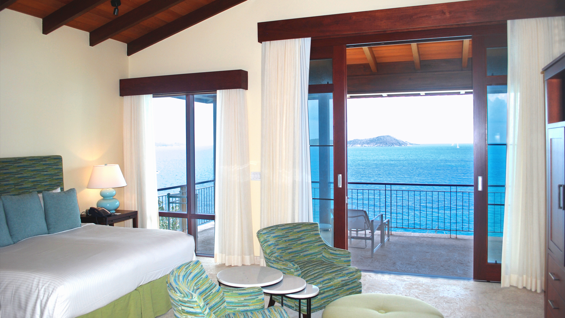A hotel room with a view of the ocean