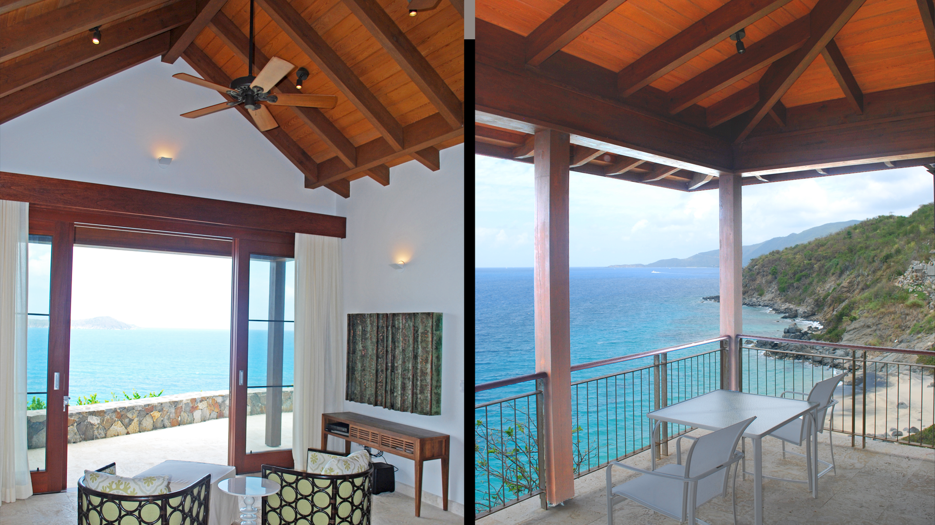 A living room with a ceiling fan and a balcony overlooking the ocean