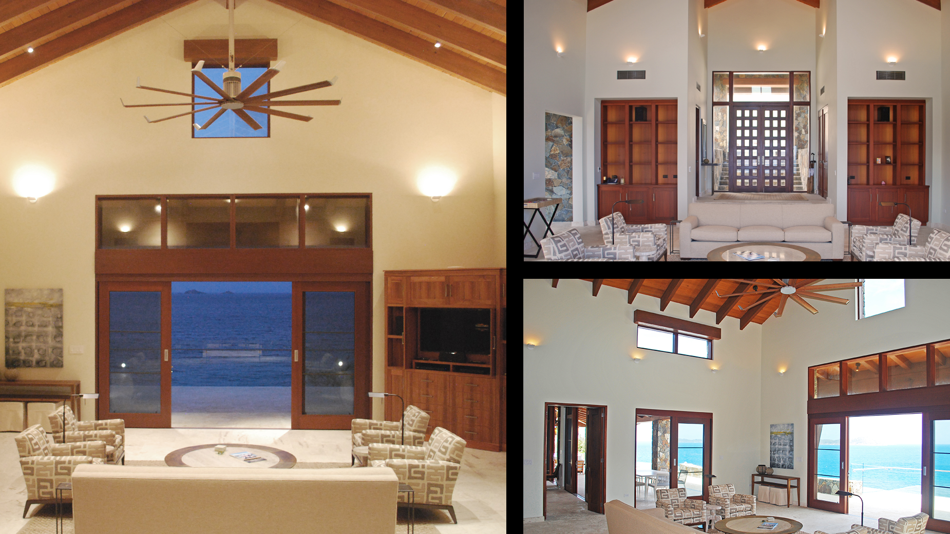 Three pictures of a living room with a ceiling fan