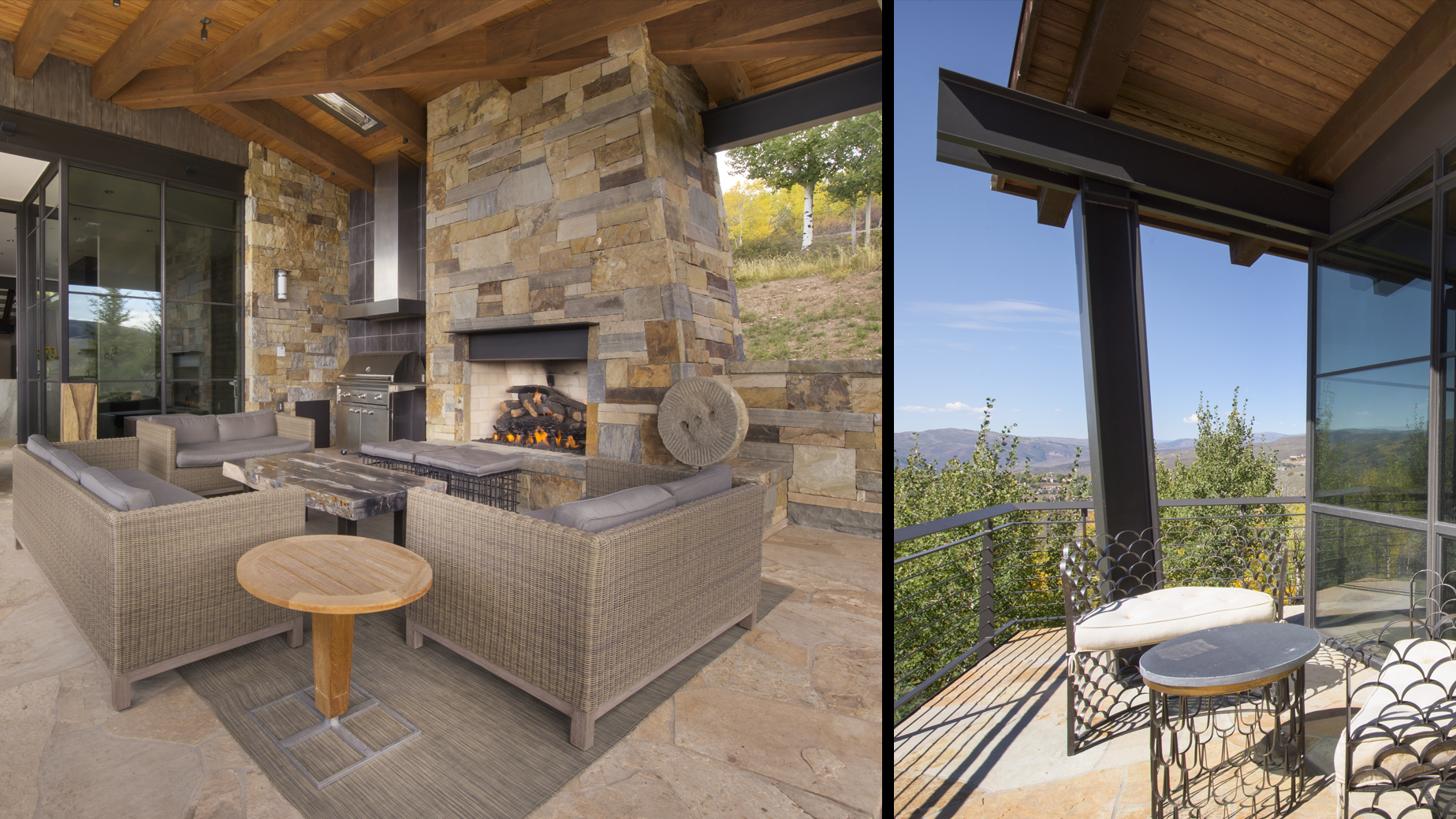 A living room with a fireplace and a patio with a fireplace.