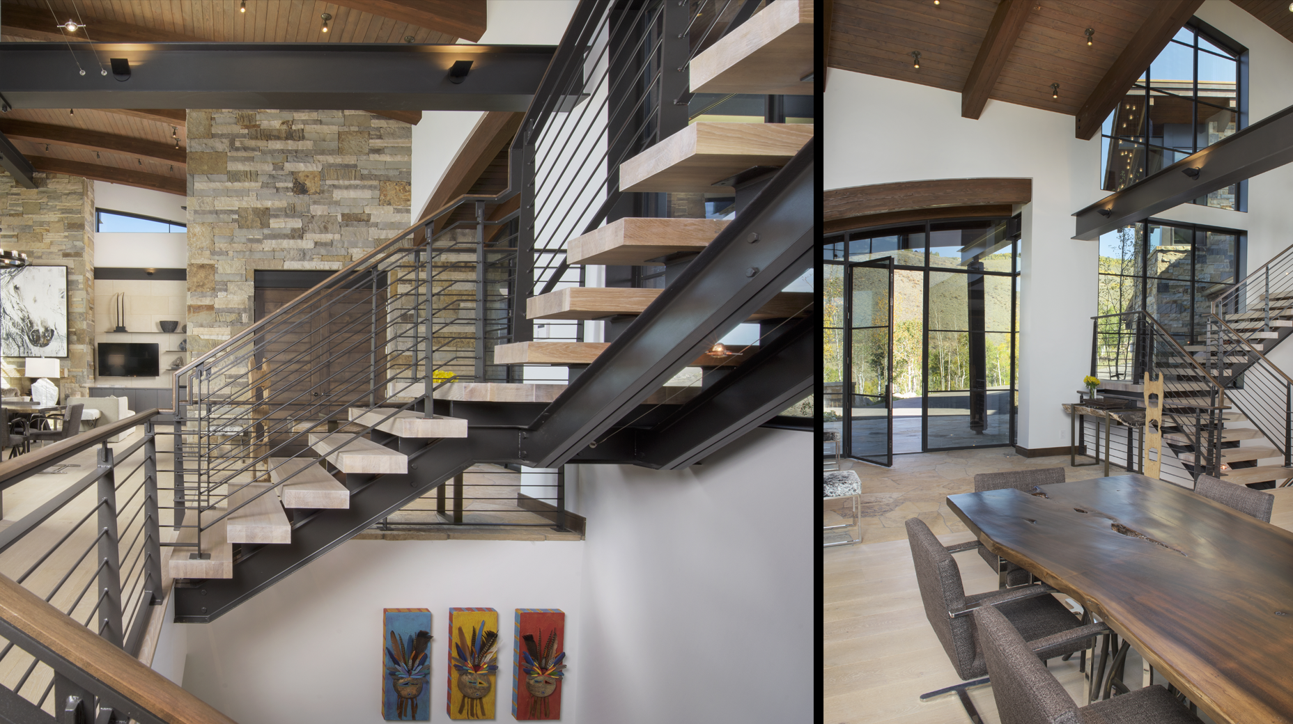A picture of a staircase and a picture of a table in a house.