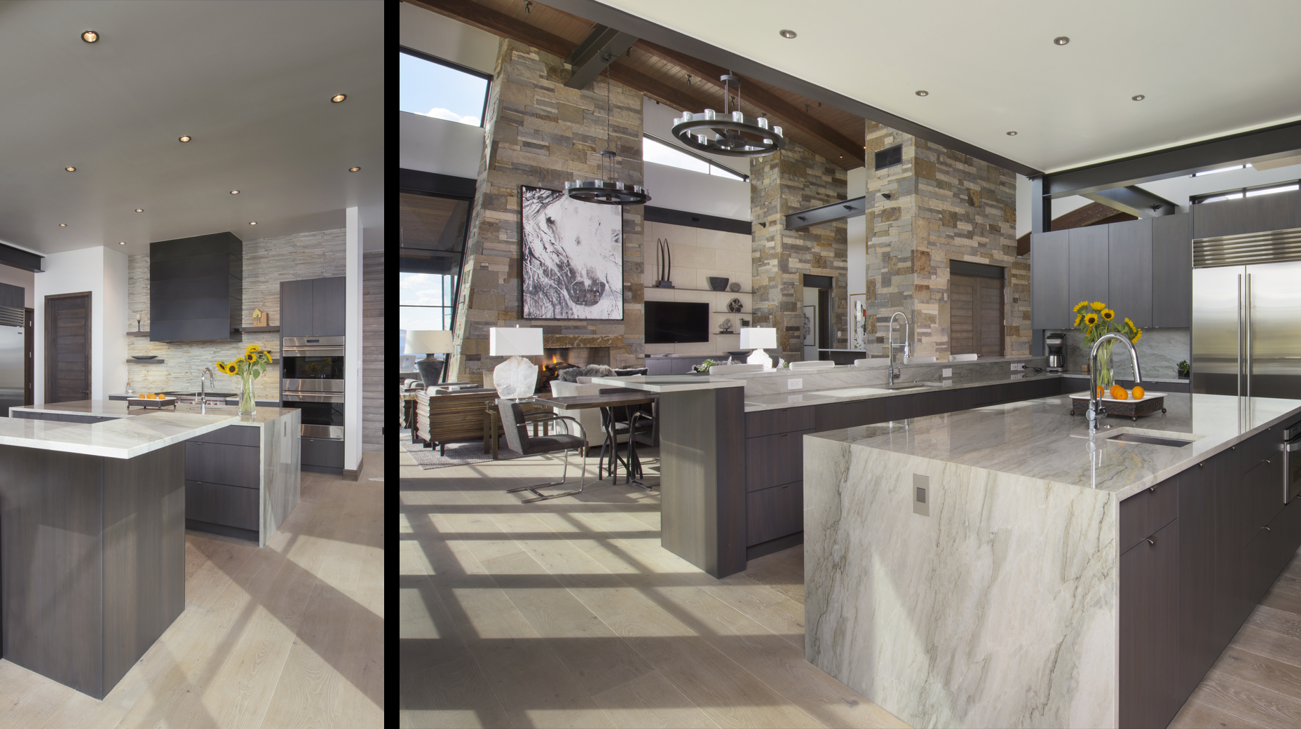 A kitchen with a large island and stainless steel appliances