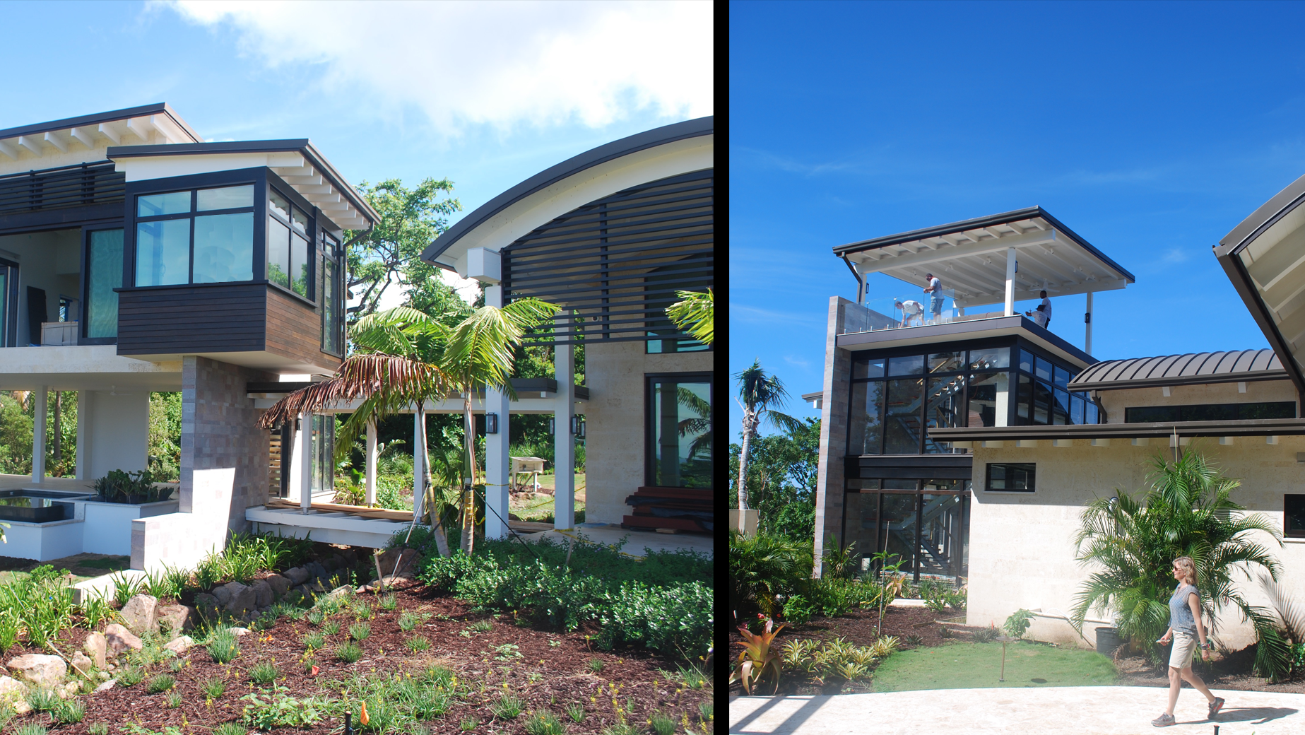 Two pictures of a house with a blue sky in the background