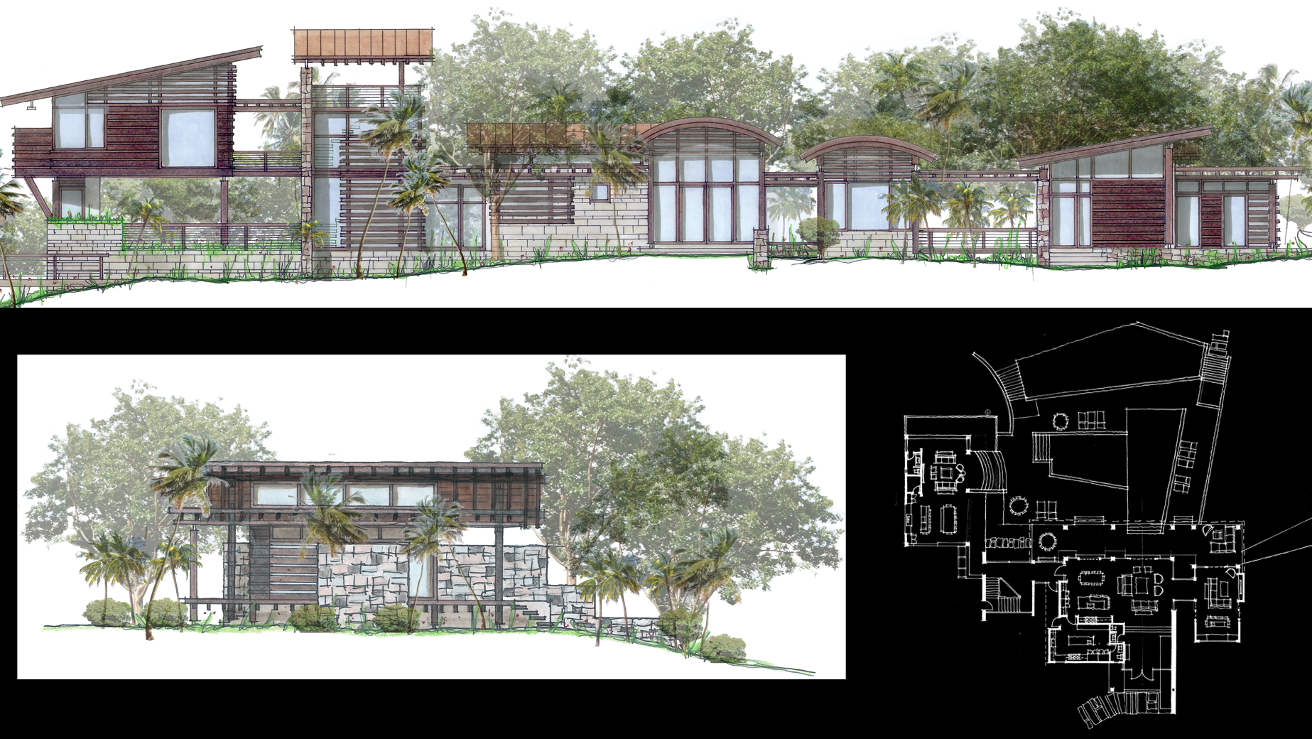 A drawing of a house with trees and a floor plan