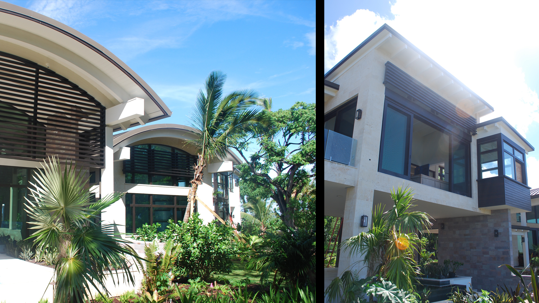 Two pictures of a house with a blue sky in the background