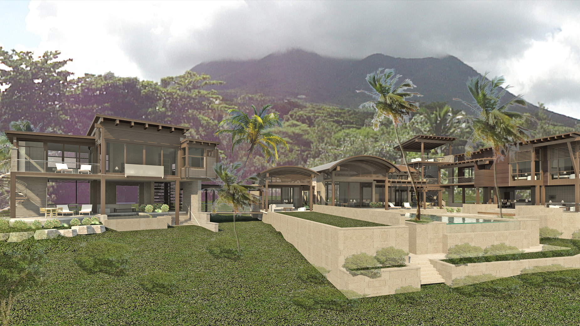 A group of houses are sitting on top of a hill with a mountain in the background.