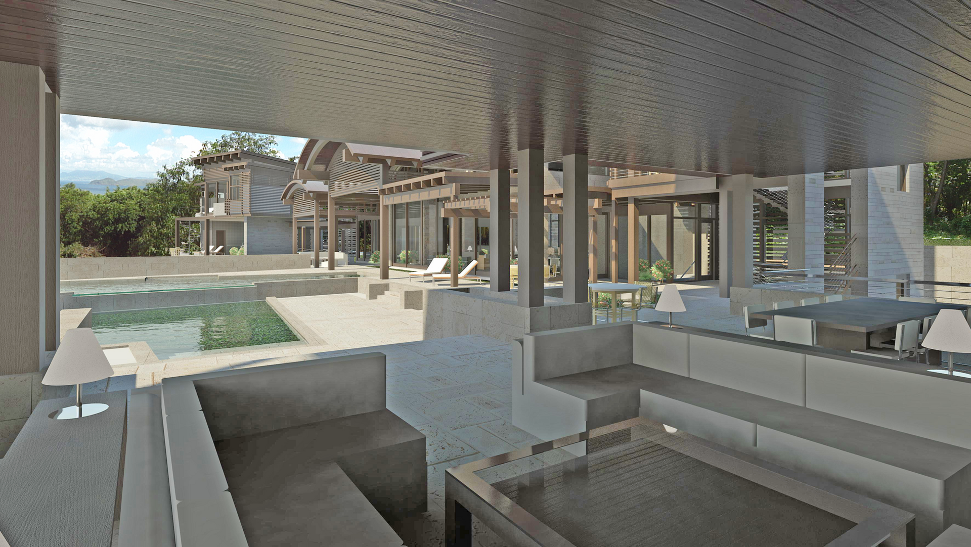 An artist 's impression of a living room with a pool in the background