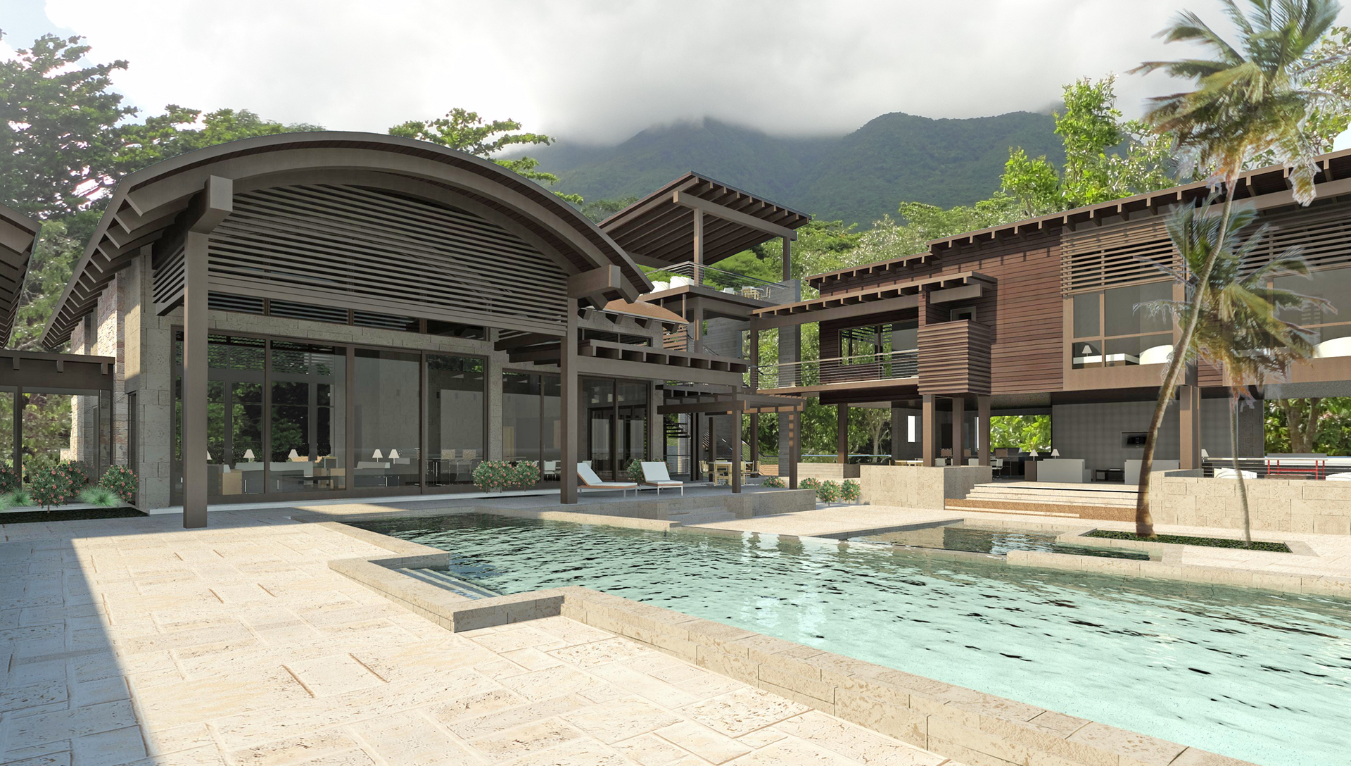 A large house with a swimming pool in front of it