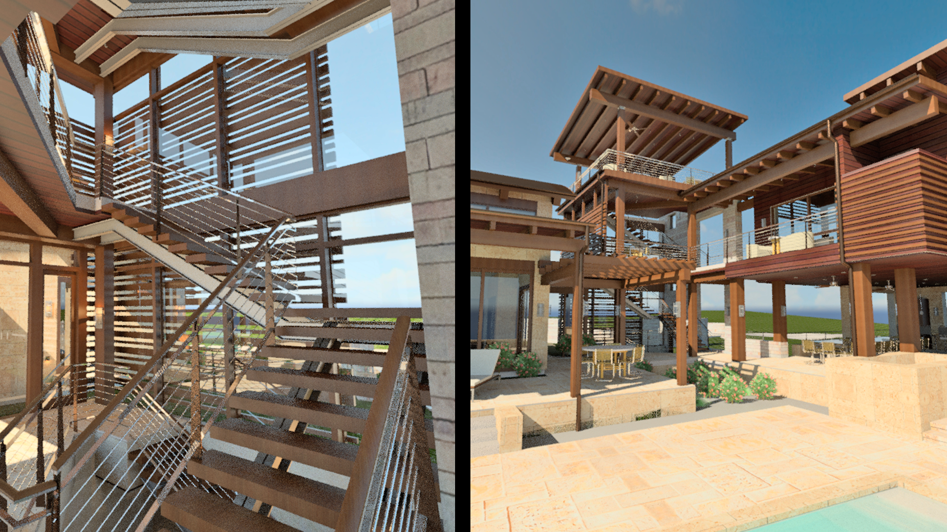 Two pictures of a house with stairs and a pool