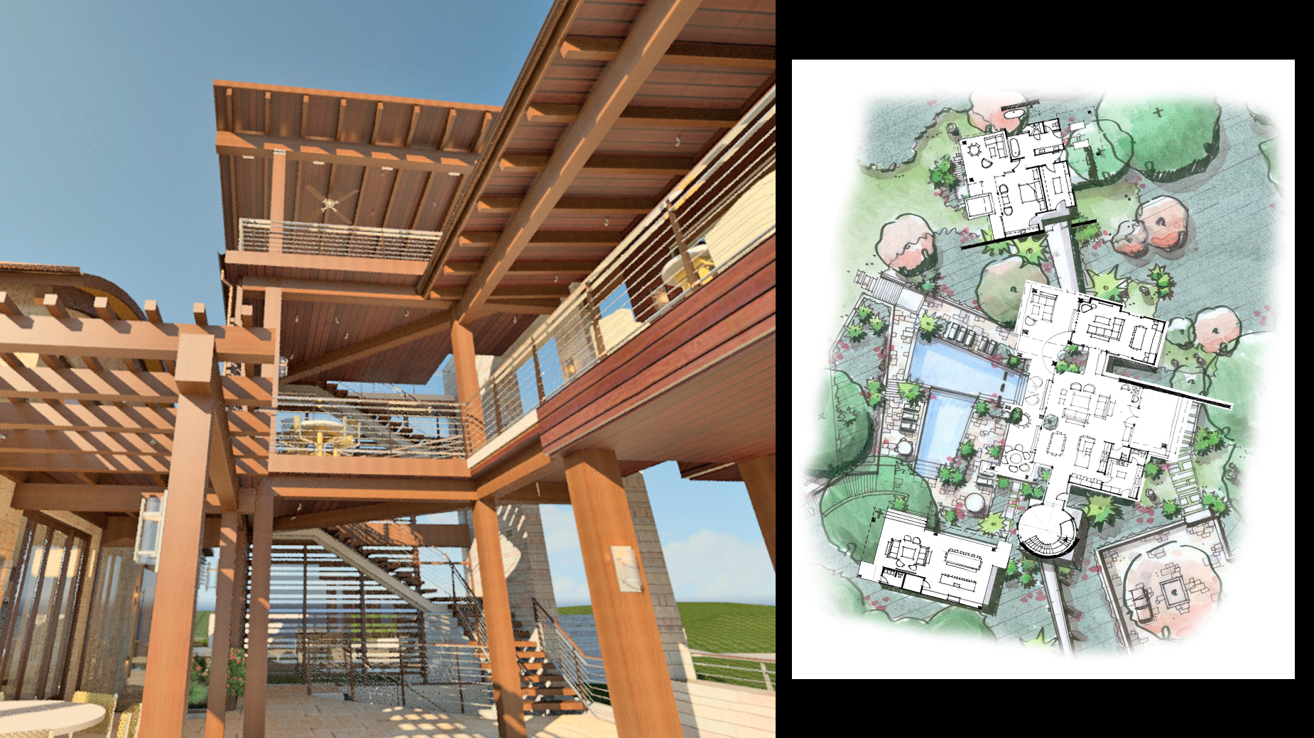 A drawing of a house next to a picture of a house