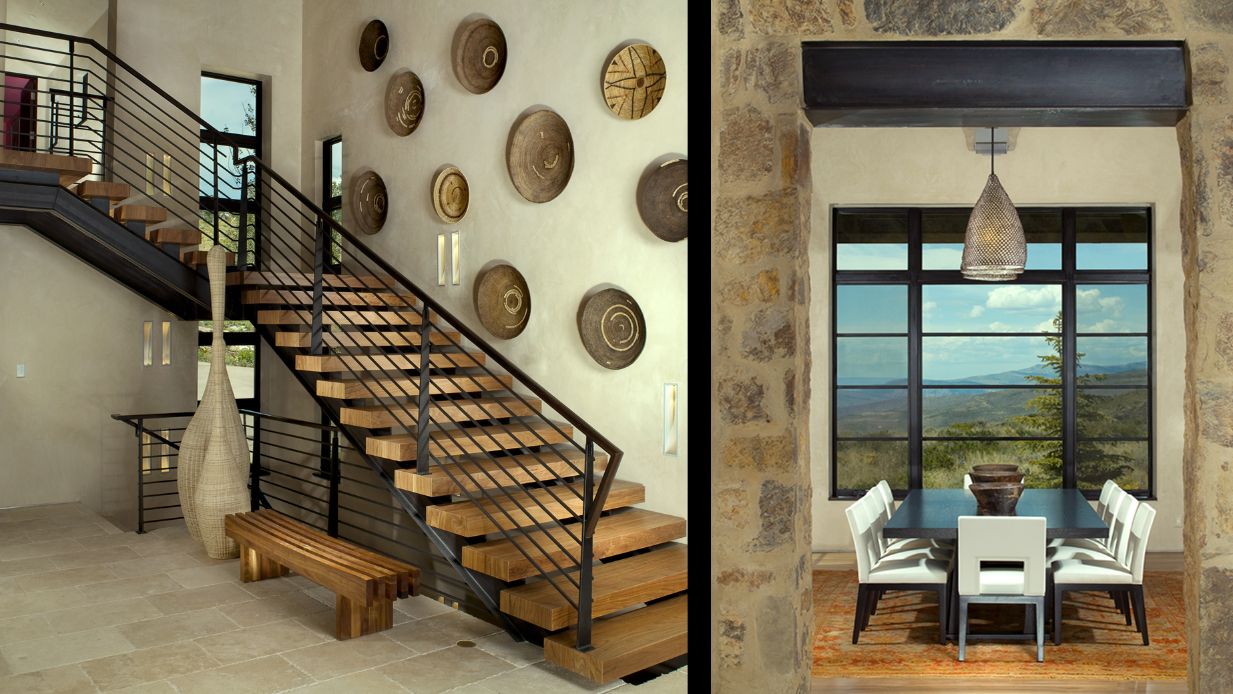 A picture of a staircase and a picture of a dining room