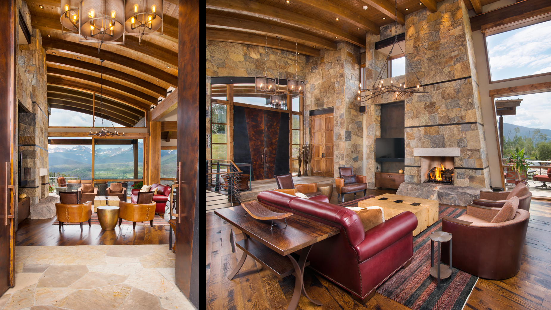 A large living room with a red couch and a fireplace.