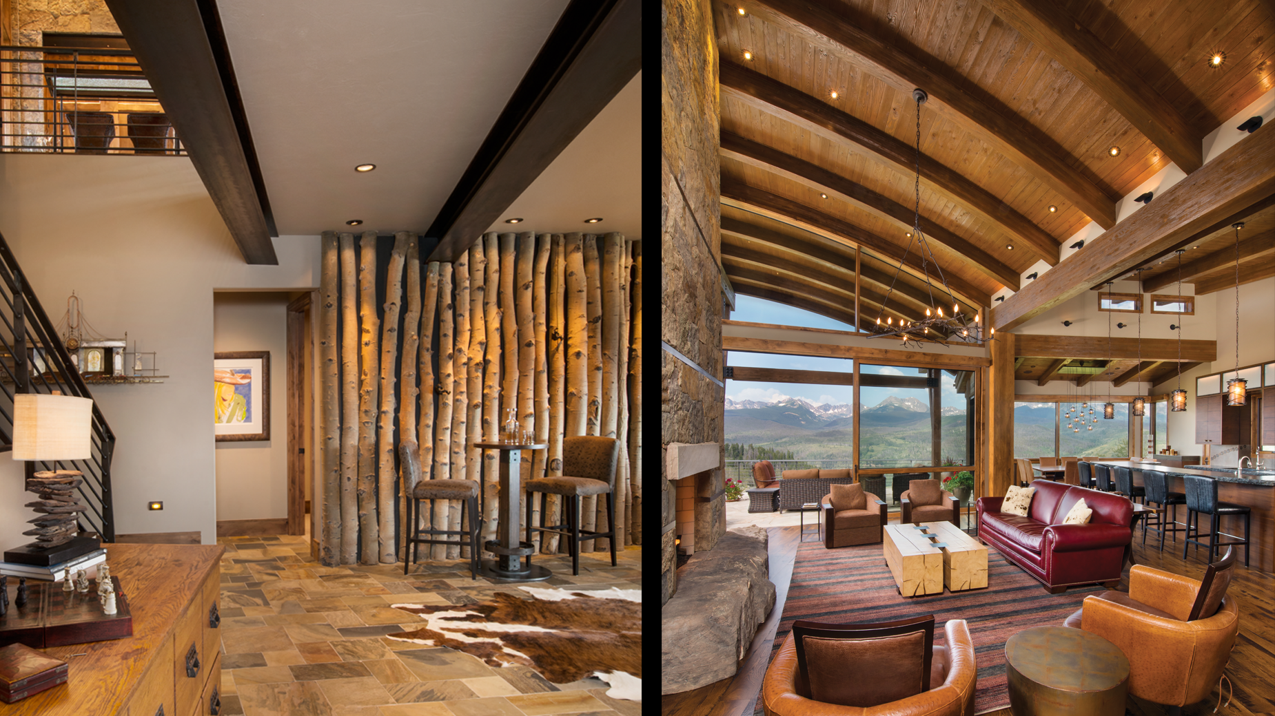 A picture of a living room and a picture of a dining room